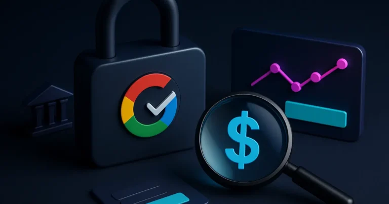 Ilustracao editorial sobre Google anuncia verificação de serviços financeiros para EUA e Canadá em 2027